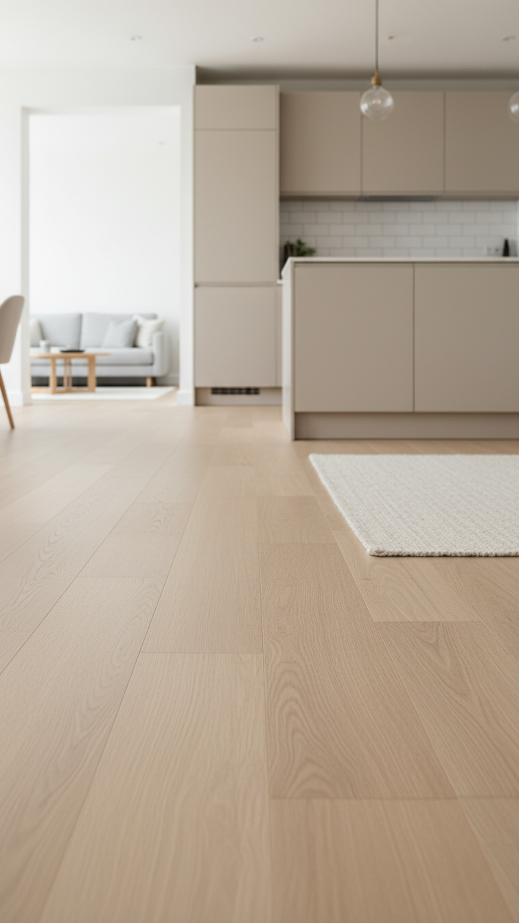 Wide plank light natural wood flooring from beige kitchen extending into an open concept living area, seamless flow.