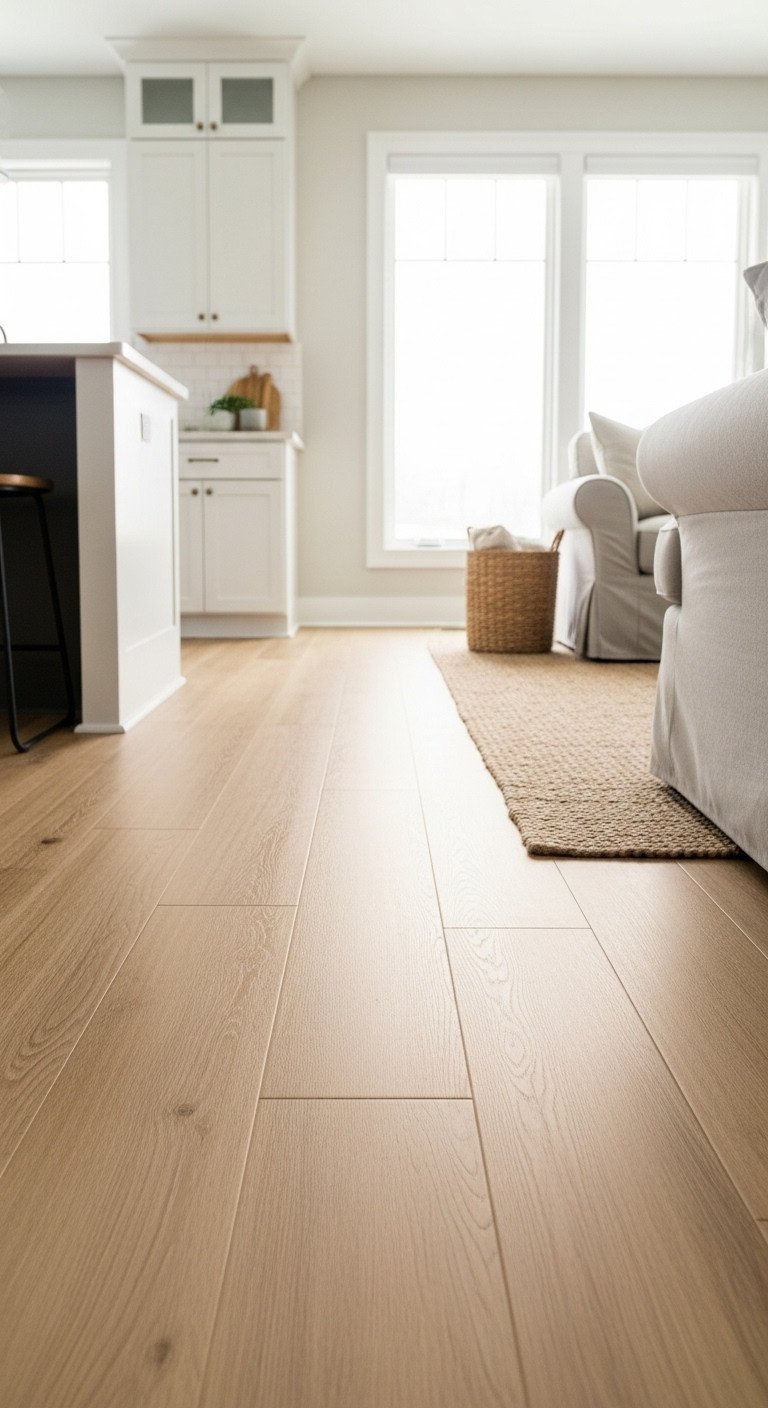 9 Stunning Home Decor Ideas For A Cohesive Living Room And Kitchen 1 Wide-plank light oak hardwood flooring flows seamlessly through an open-plan living space with a modern white kitchen.