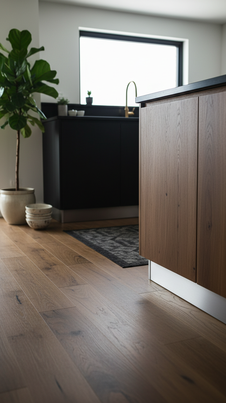 Wide-plank medium natural wood floor in a dark kitchen with slightly elevated wood cabinets, dark rug, stainless steel kickplate.