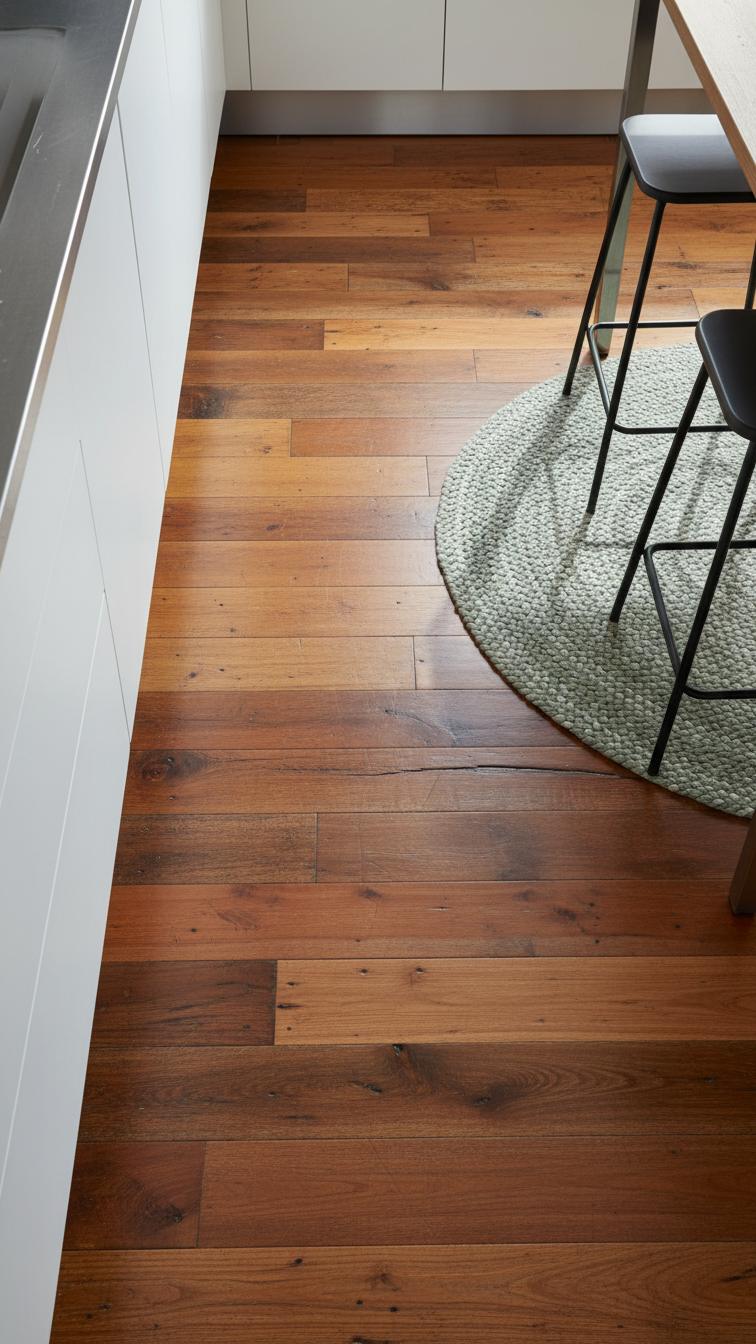 Wide-plank reclaimed wood flooring with warm tones and rustic elements in a modern kitchen with white cabinetry.