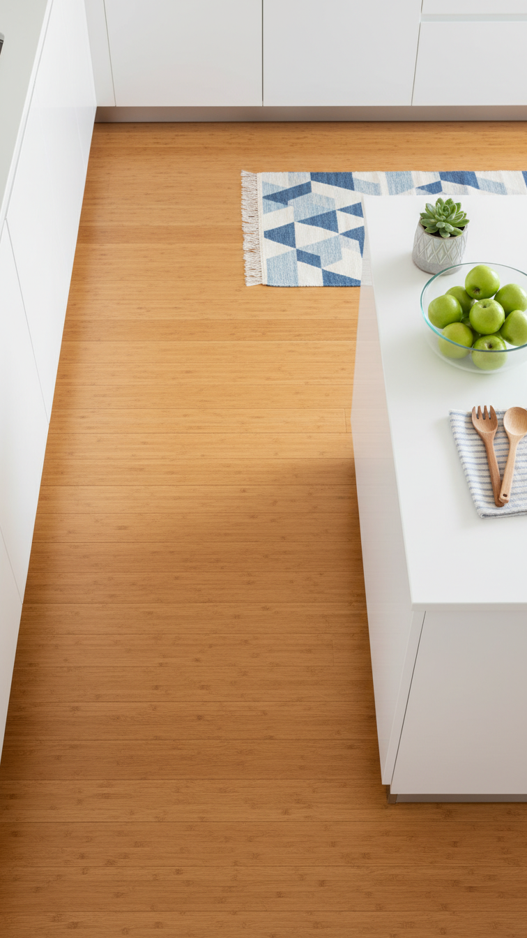 Wide-plank, warm bamboo flooring in an open, airy modern kitchen with minimalist white cabinetry and a geometric rug. Sustainable design.