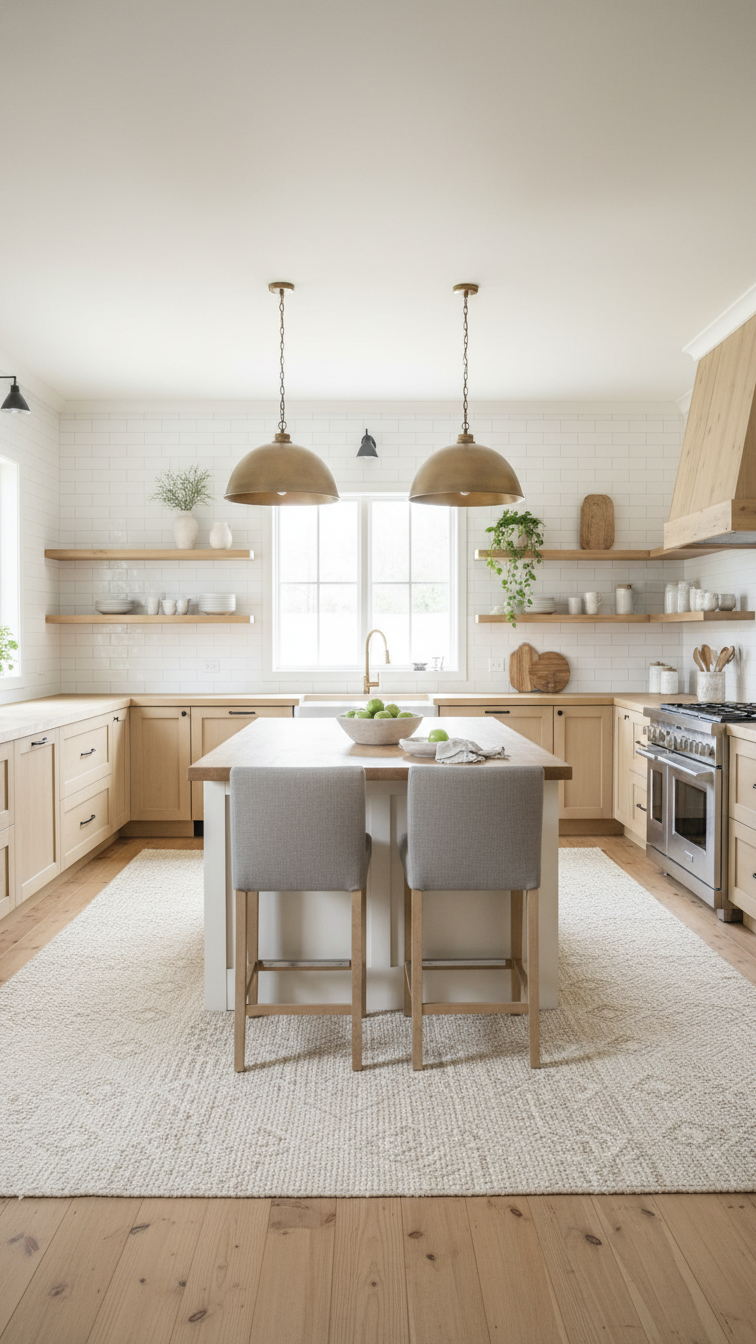 Wide view of a modern farmhouse kitchen featuring a soft neutral color palette, shiplap walls, and distressed wood floors.