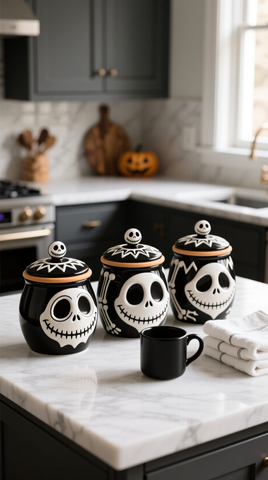 11 Essential Nightmare Before Christmas Kitchen Decor 4 Wooden kitchen utensils with laser-etched Jack Skellington & Sally designs in themed crock. Nightmare Before Christmas decor on marble.