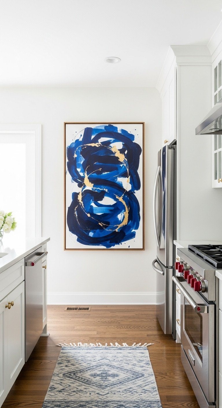 Wooden magnetic knife strip on a light gray wall in a minimalist kitchen, holding a set of five high-quality steel knives.