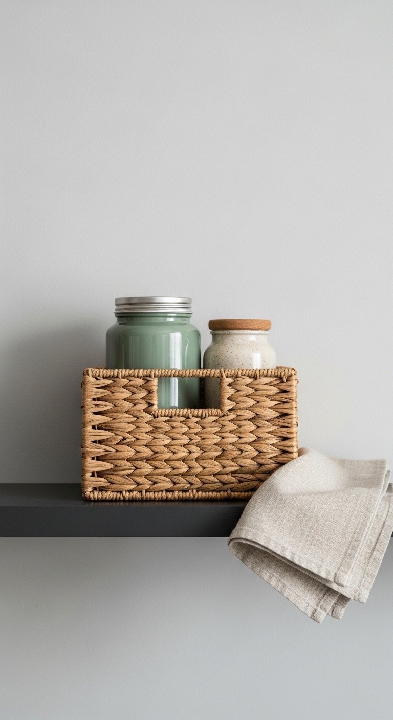 Woven water hyacinth storage basket on a dark charcoal gray shelf next to a neatly folded linen tea towel for organization.