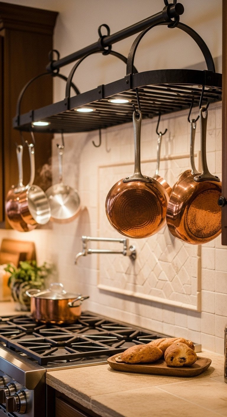 Wrought iron wall pot rack with hanging copper pots and pans mounted on a stone tile backsplash in a gourmet kitchen.
