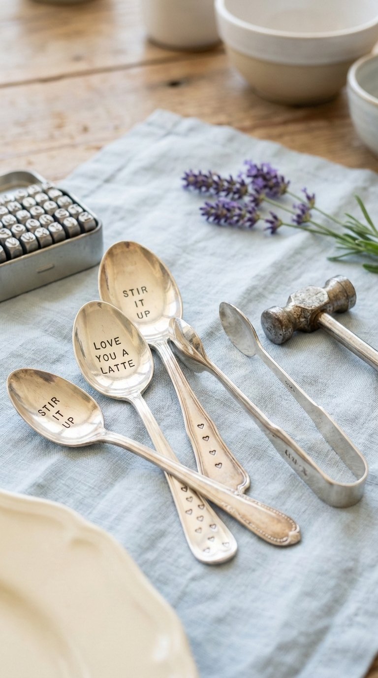 Easy Diy Kitchen Gifts: 11 Ideas That Look Pro &Amp; Cost Less 9 45-degree angle view of hand-stamped silver spoons with personalized messages on linen tablecloth with lavender sprig.