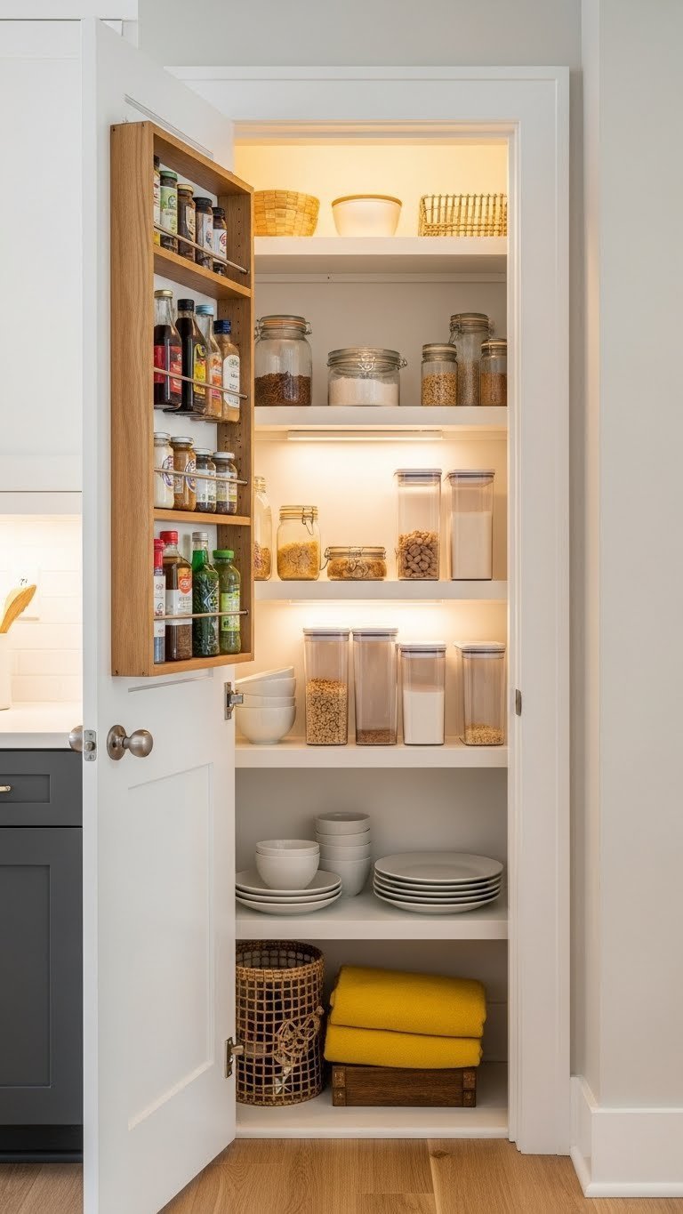 13 Genius Kitchen Pantry Ideas For Small Spaces 19 A beautifully converted small closet serving as a functional kitchen pantry with custom shelving, clear containers, and door storage.