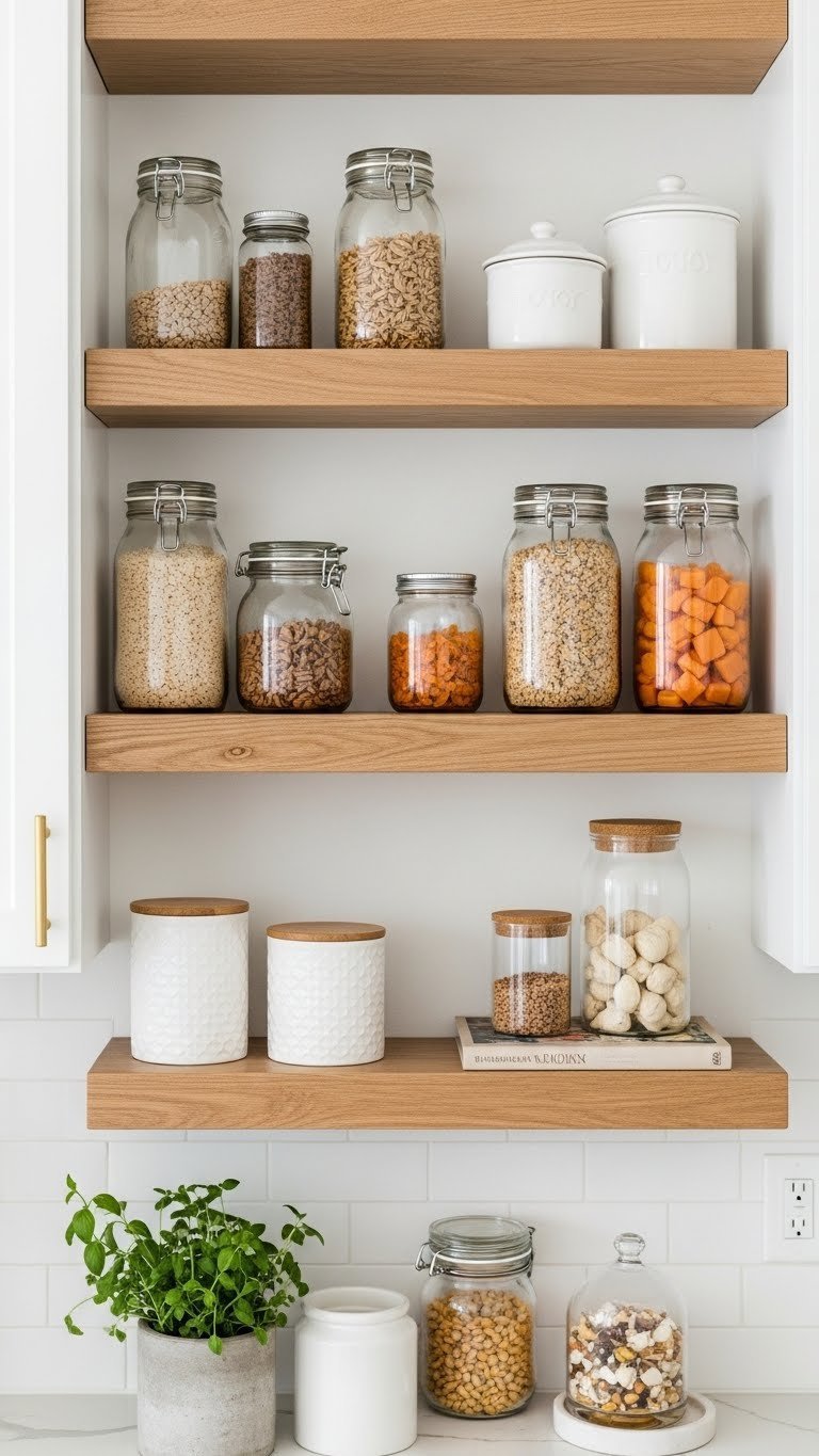 11 Genius Kitchen Pantry Nook Ideas To Maximize Space 7 A beautifully curated open kitchen pantry features natural wood floating shelves with organized glass jars, containers, and essentials.