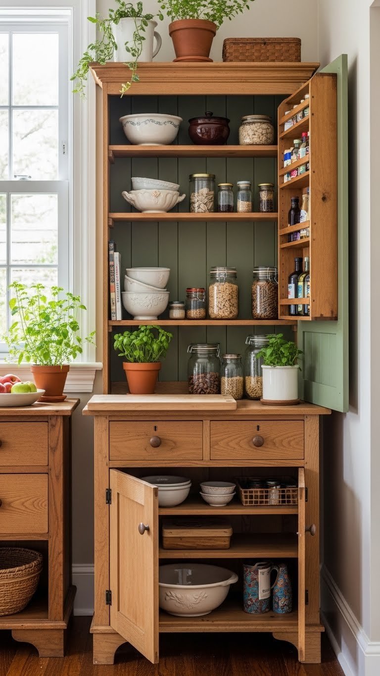 11 Genius Kitchen Pantry Nook Ideas To Maximize Space 15 A charming DIY freestanding pantry, repurposed from furniture, features open shelves, cabinets, and rustic organized items.