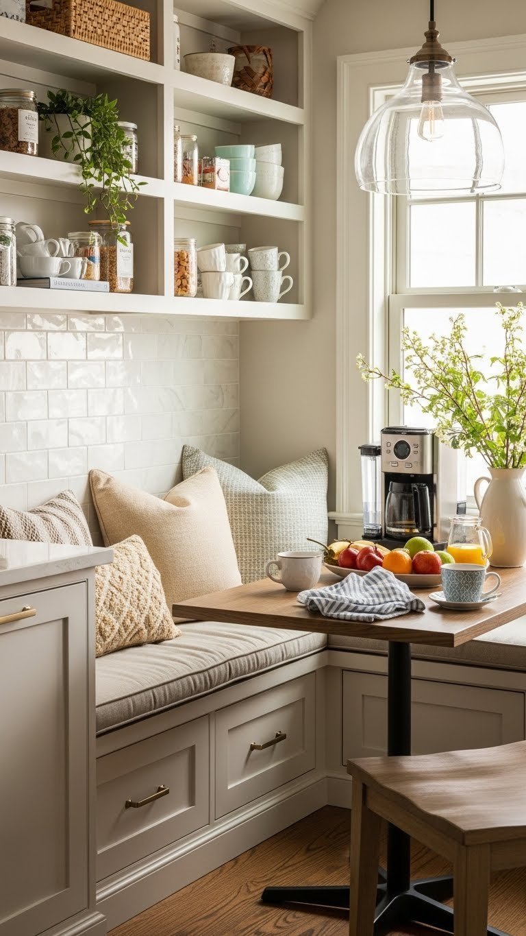 11 Genius Kitchen Pantry Nook Ideas To Maximize Space 13 A charming breakfast and pantry nook features a built-in bench, table, and open shelving stocked with breakfast and coffee essentials.