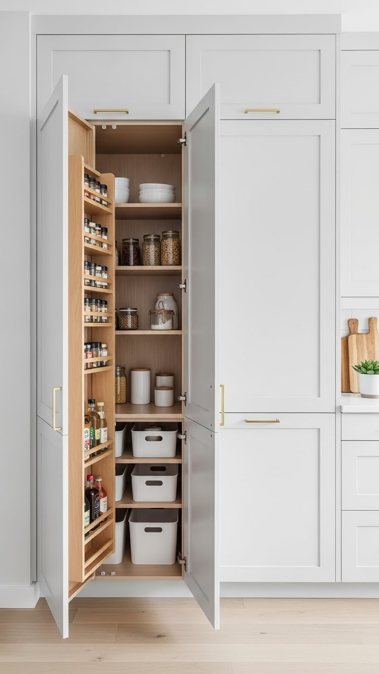 11 Genius Kitchen Pantry Nook Ideas To Maximize Space 9 A cleverly disguised hidden pantry behind seamless white cabinet doors reveals an organized interior with adjustable shelves.