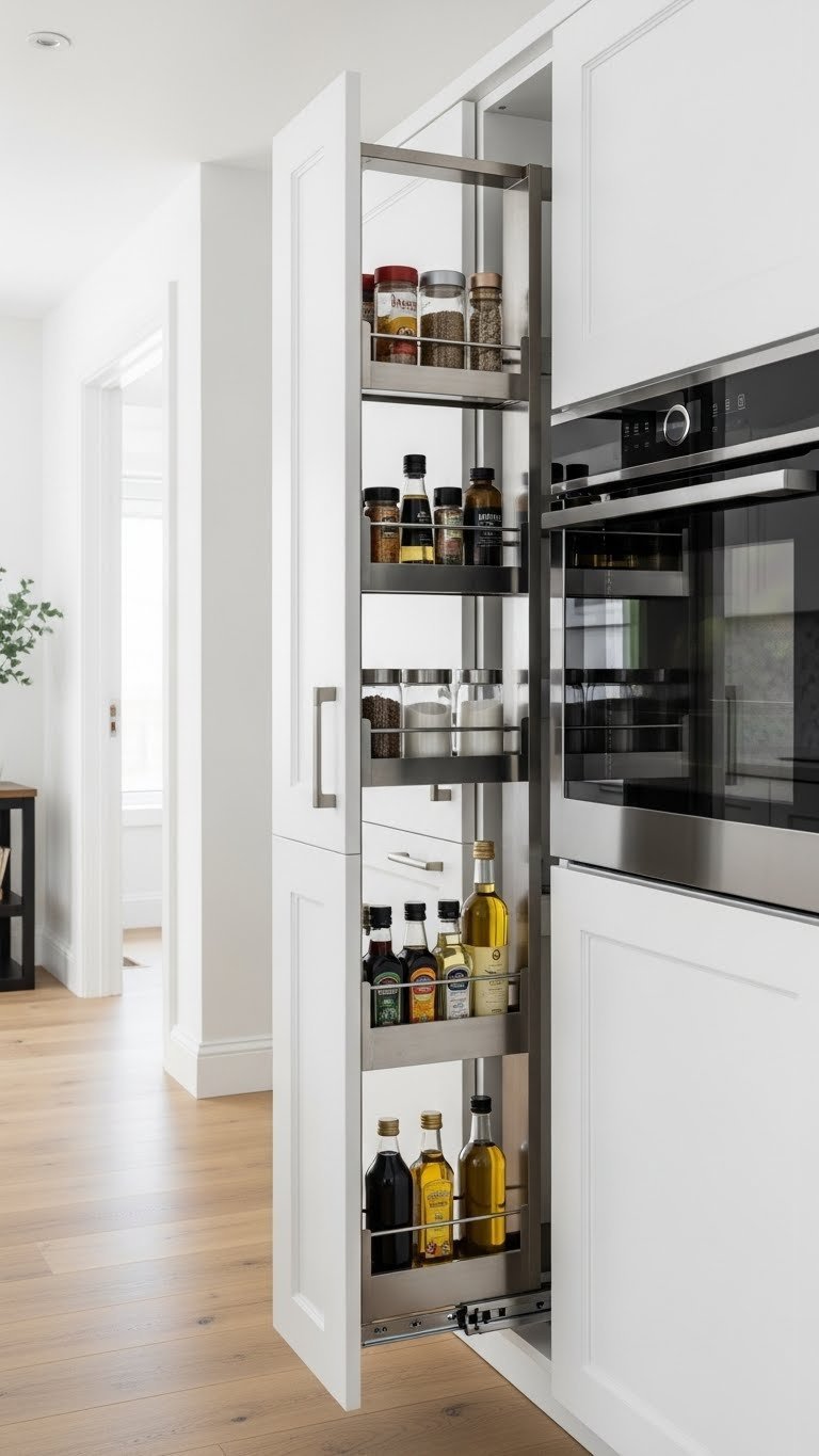 11 Genius Kitchen Pantry Nook Ideas To Maximize Space 5 A fully extended ultra-slim pull-out pantry reveals perfectly organized spices and small items, ideal for tight kitchen spaces.