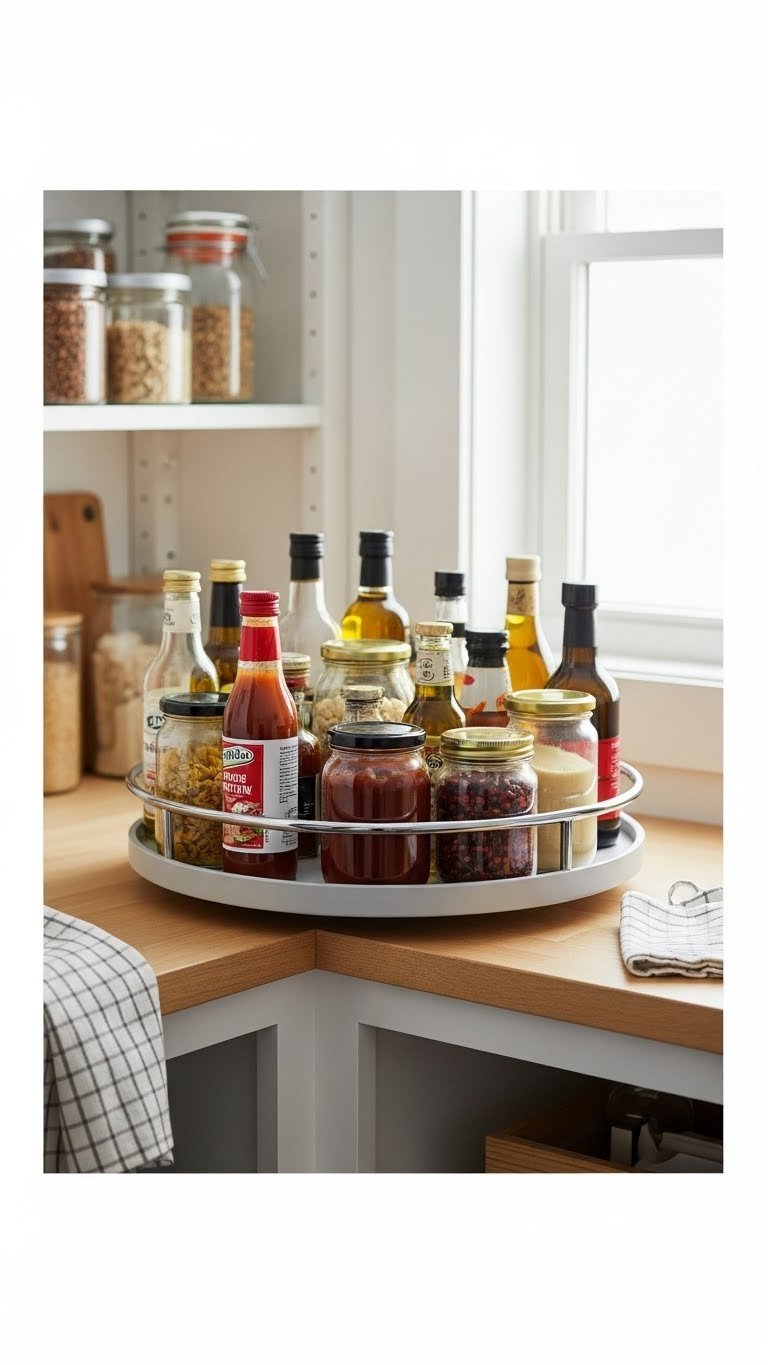 13 Genius Kitchen Pantry Ideas For Small Spaces 9 A large rotating Lazy Susan in a small pantry corner, neatly organized with uniform glass jars of condiments, oils, and sauces on a wooden shelf.