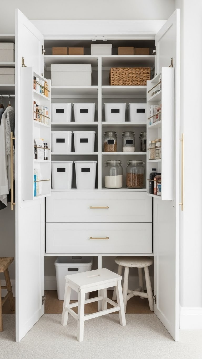 11 Genius Kitchen Pantry Nook Ideas To Maximize Space 17 A meticulously organized closet pantry features custom built-in shelving, pull-out drawers, and clear labeled containers.