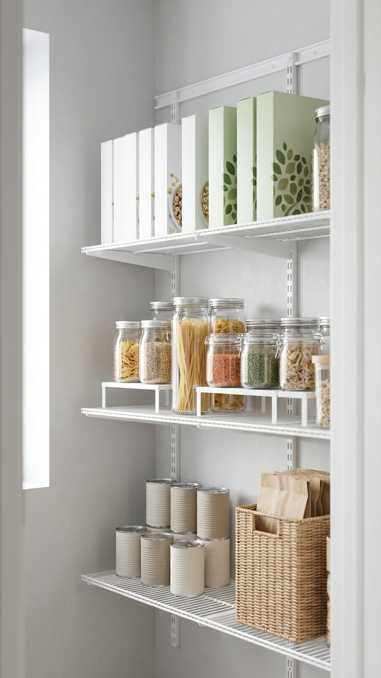 Minimalist Kitchen Pantry: 11 Smart Ideas To Organize 7 A minimalist pantry showcases efficient vertical storage with adjustable white shelves holding various food items and neatly arranged bins.
