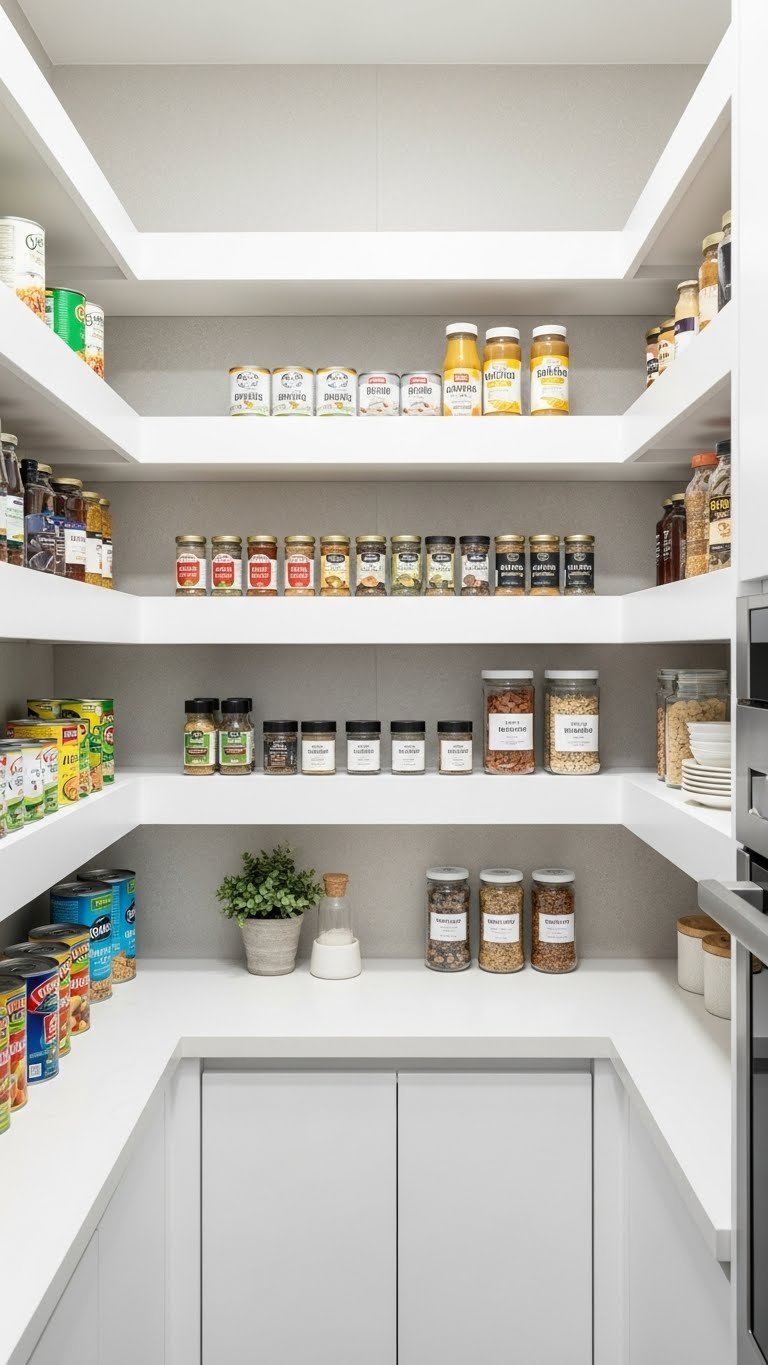 13 Genius Kitchen Pantry Ideas For Small Spaces 11 A modern, shallow pantry wall with sleek white laminate shelving, showcasing single rows of neatly organized canned goods, spice jars, and integrated LED lighting.