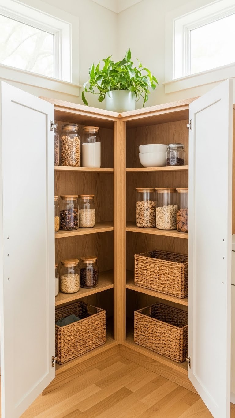 11 Genius Kitchen Pantry Nook Ideas To Maximize Space 1 A neatly organized corner kitchen pantry nook features custom shelving, clear glass jars, wicker baskets, and a small plant, showcasing efficient storage.