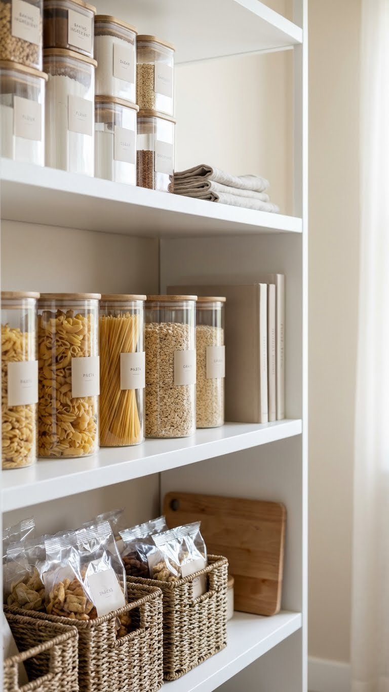 Minimalist Kitchen Pantry: 11 Smart Ideas To Organize 3 A perfectly organized minimalist kitchen pantry with categorized clear containers and baskets neatly arranged on bright white shelves.