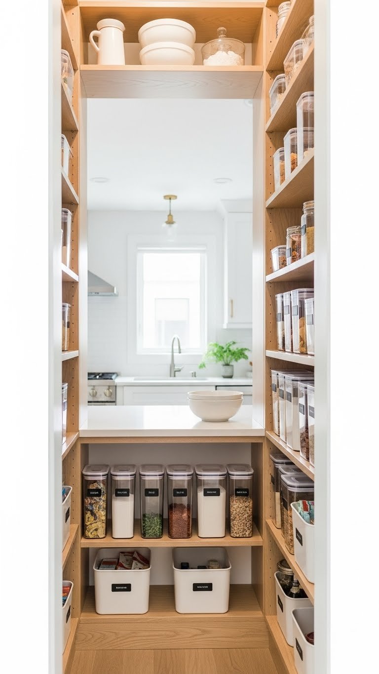 13 Genius Kitchen Pantry Ideas For Small Spaces 1 A pristine, floor-to-ceiling vertical wooden shelving system in a small kitchen pantry, neatly organized with clear food storage containers and green plant accents, optimized for space-saving.