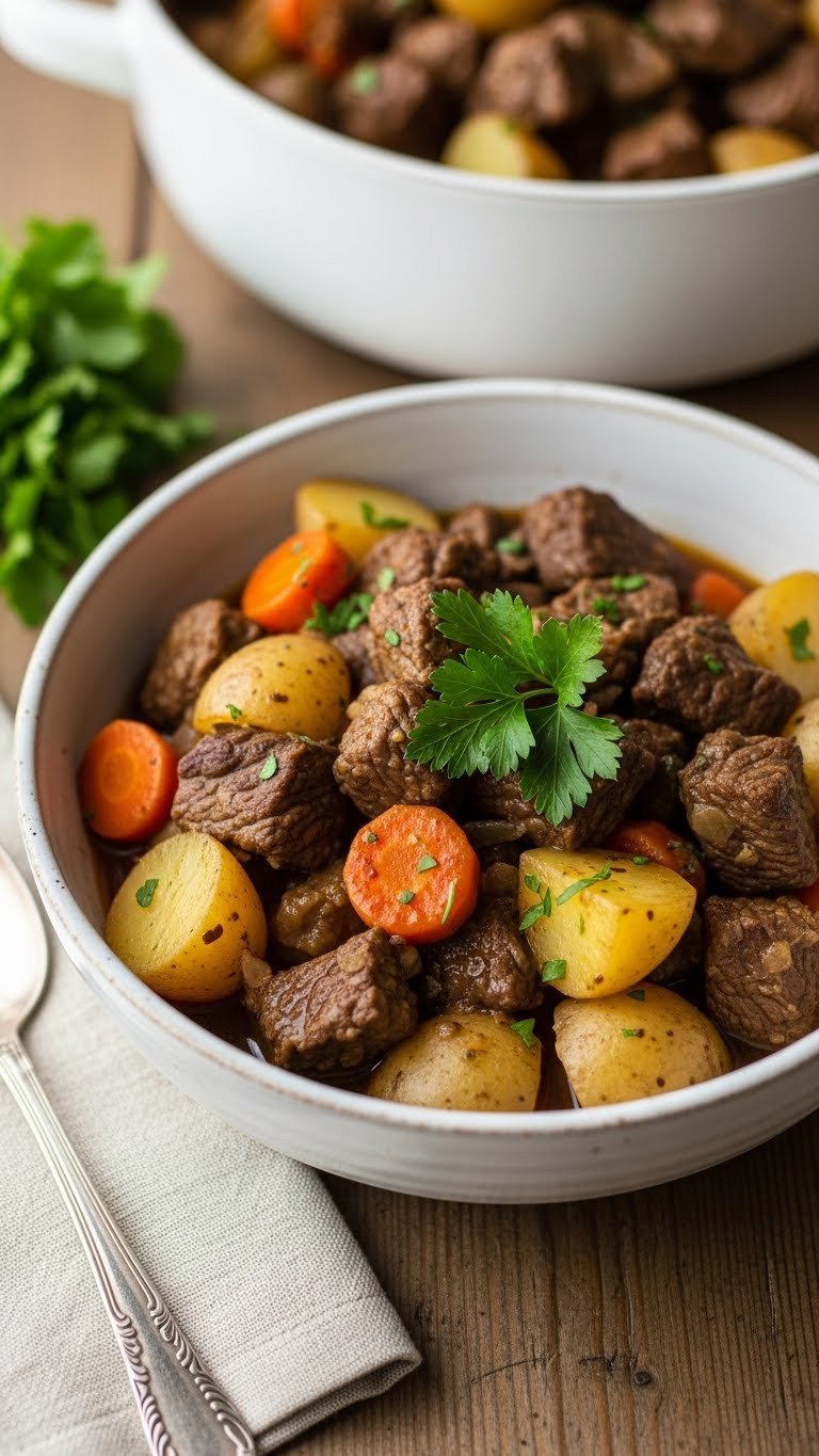 9 Easy Beef Stew Crock Pot Recipes For Cozy Family Dinners 1 A rustic bowl of tender crock pot beef stew with potatoes carrots and parsley on a wooden table