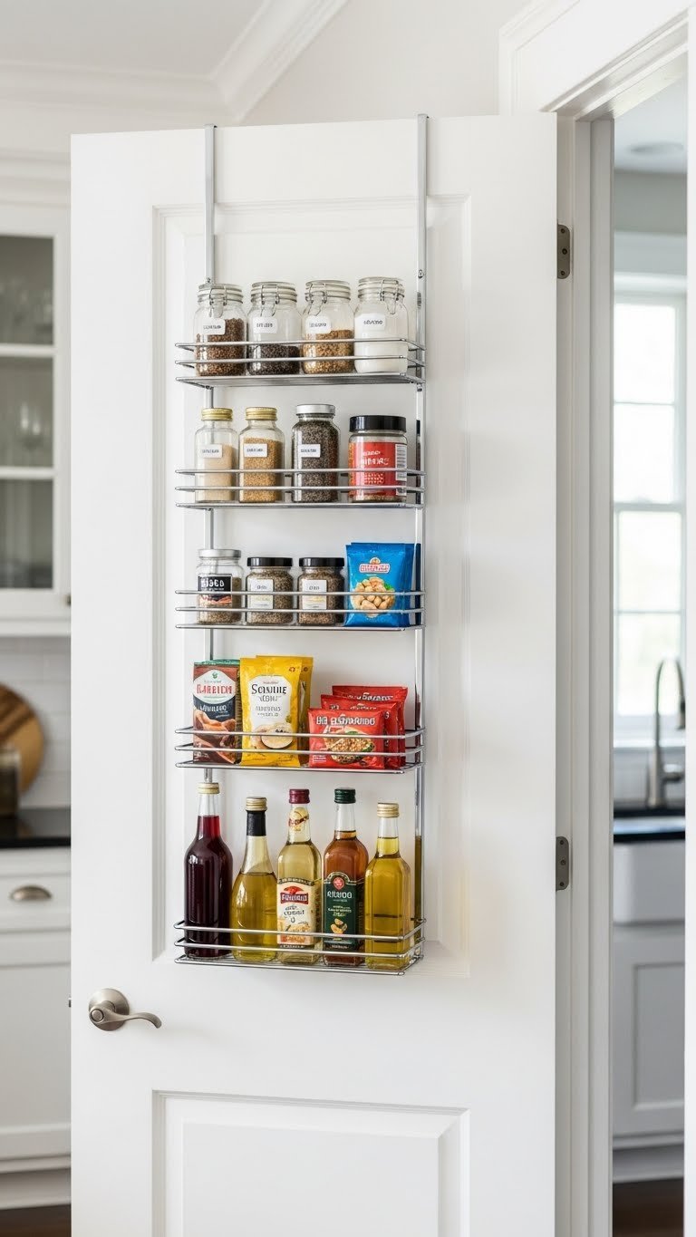 13 Genius Kitchen Pantry Ideas For Small Spaces 3 A sleek chrome door-mounted organizer on a white pantry door, neatly filled with clear spice jars and snack packets, enhancing small kitchen storage efficiency.
