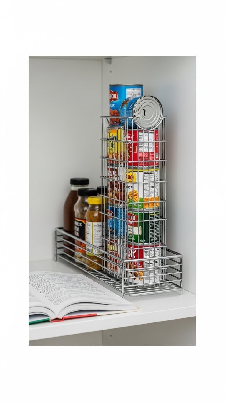 13 Genius Kitchen Pantry Ideas For Small Spaces 21 A sleek metal vertical can organizer on a small pantry shelf, efficiently filled with neatly stacked, colorful canned goods, beside an open cookbook.