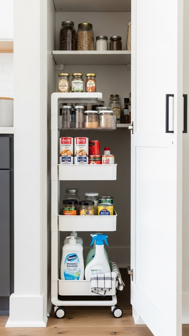13 Genius Kitchen Pantry Ideas For Small Spaces 17 A slim, multi-tiered white rolling pantry cart partially pulled out from a narrow gap, organized with uniform jars and bottles, maximizing kitchen space.