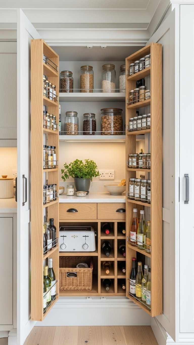 13 Genius Kitchen Pantry Ideas For Small Spaces 25 A small kitchen pantry with bespoke custom shelving, featuring shallow shelves, pull-out spice racks, and an integrated wine rack.