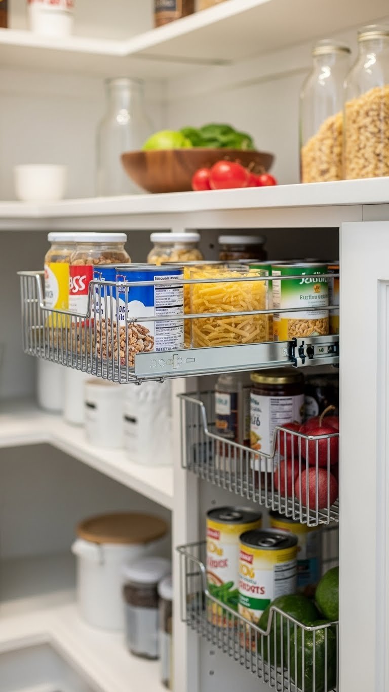 13 Genius Kitchen Pantry Ideas For Small Spaces 5 A small pantry interior showcasing a chrome pull-out wire basket, slightly open and filled with neatly arranged canned goods and dry pasta on a light shelf.