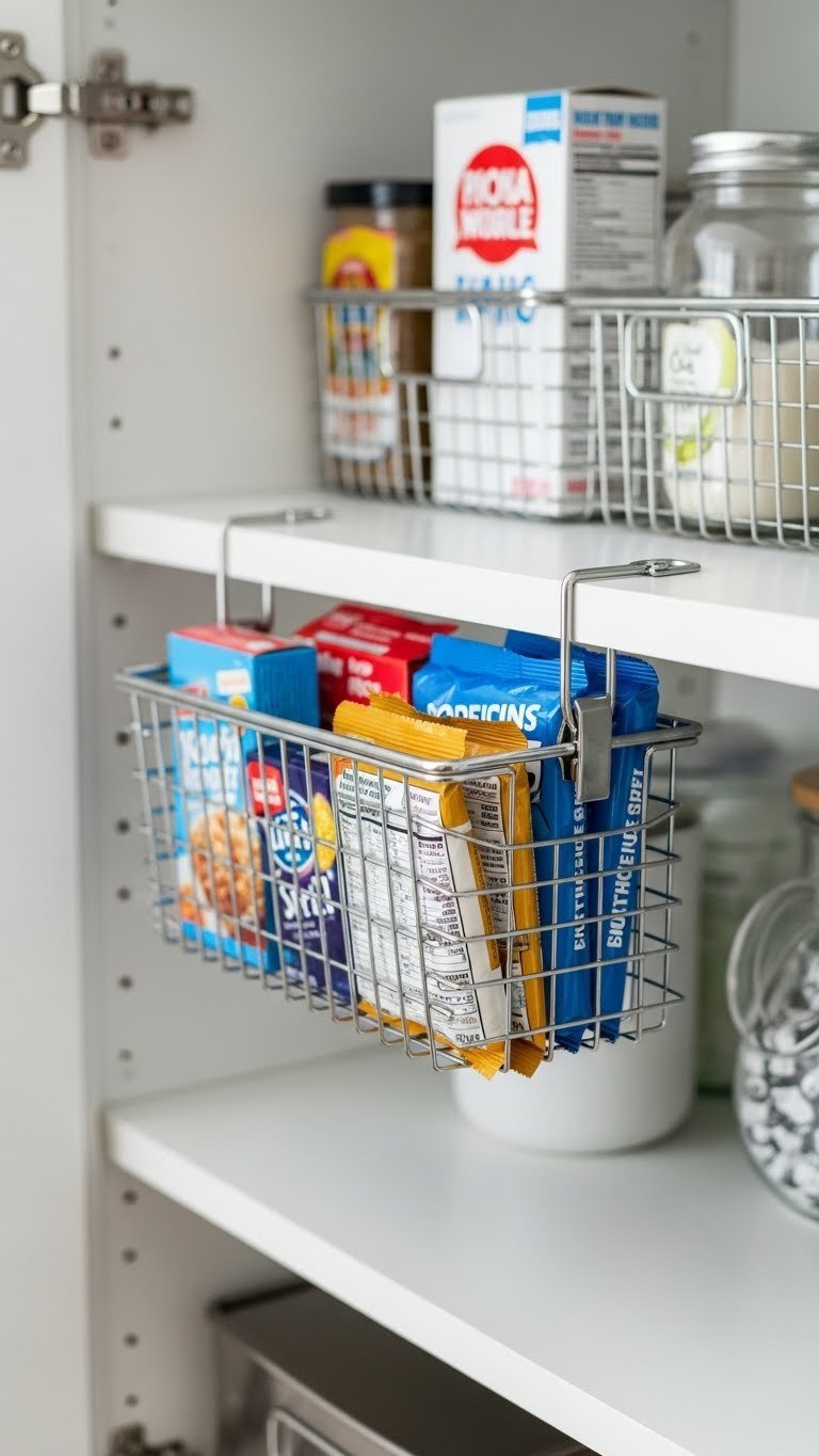 13 Genius Kitchen Pantry Ideas For Small Spaces 15 A small pantry shelf featuring a silver under-shelf wire basket, neatly clipped on and filled with snack bags and foil for extra storage.