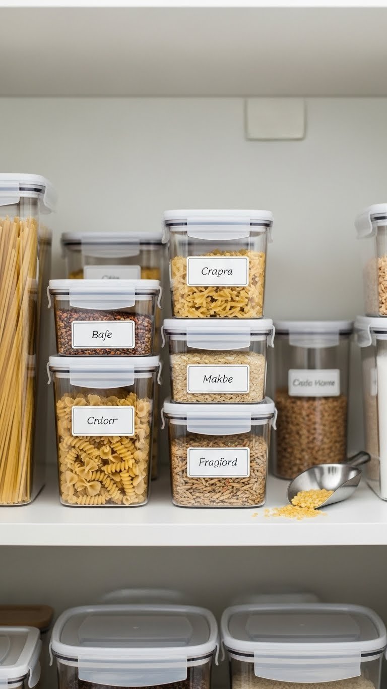13 Genius Kitchen Pantry Ideas For Small Spaces 7 A small pantry shelf neatly organized with clear, stackable food storage containers filled with colorful dry goods like pasta, rice, and lentils.