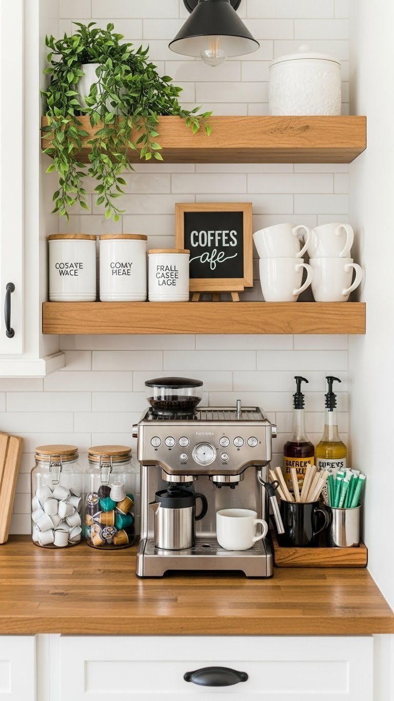 11 Genius Kitchen Pantry Nook Ideas To Maximize Space 21 A stylish coffee and beverage pantry nook features a coffee machine, organized pods, mugs, and syrups on open shelves.