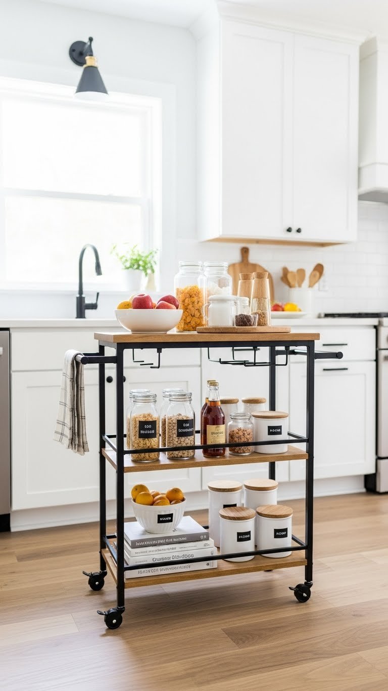 11 Genius Kitchen Pantry Nook Ideas To Maximize Space 19 A versatile mobile cart pantry nook stores pantry overflow, snacks, and baking supplies on its stylish tiered shelves.