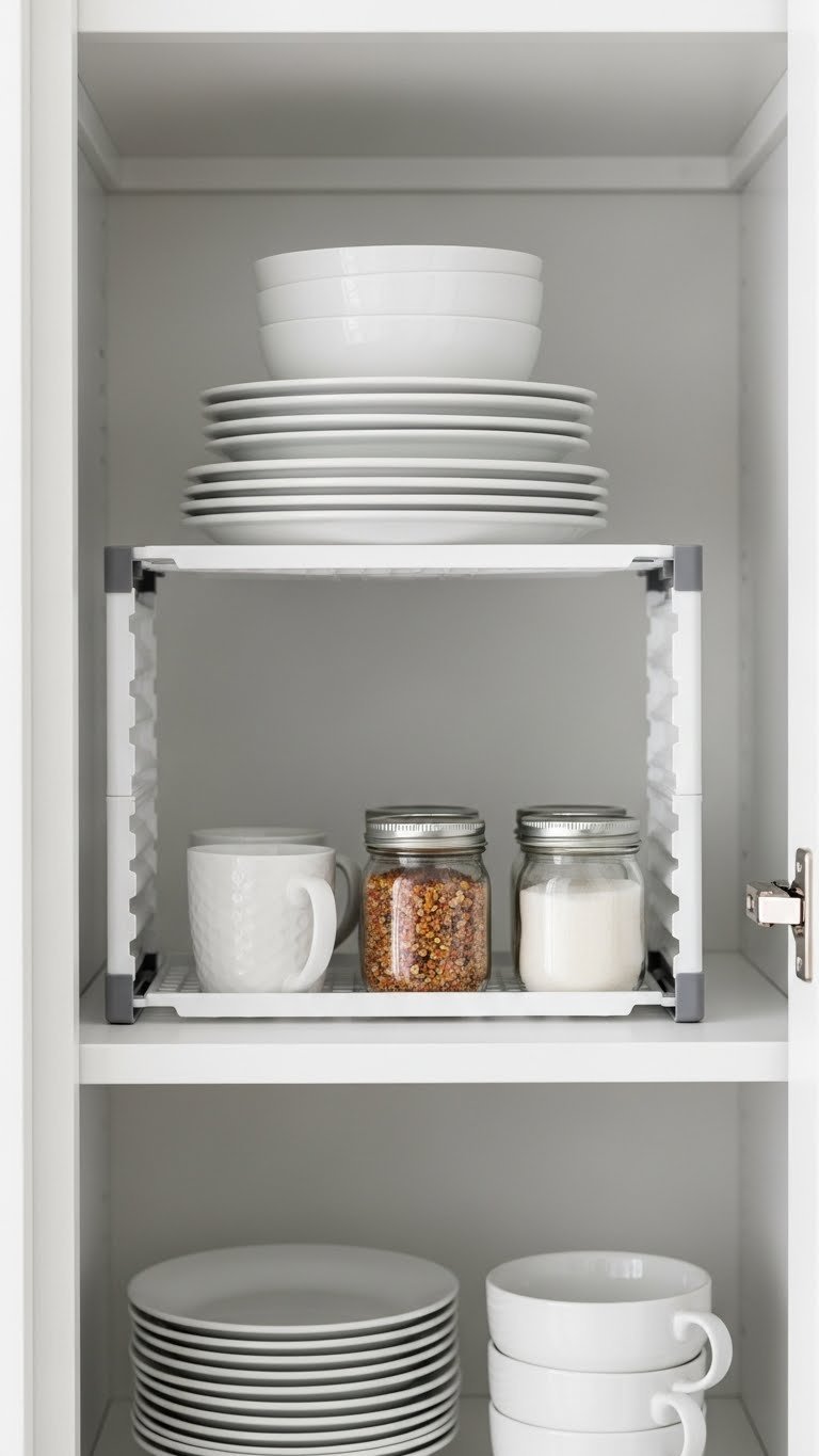 13 Genius Kitchen Pantry Ideas For Small Spaces 23 A white expandable shelf organizer on a small pantry shelf, creating a second tier for stacked white dishware and small glass jars.