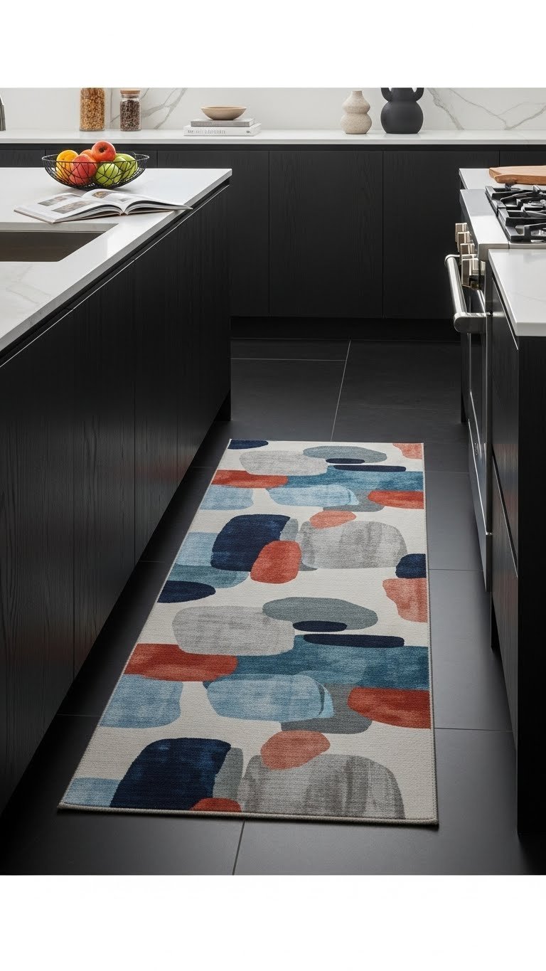 Abstract art-inspired scandi kitchen runner with muted blues and terracotta accents on dark charcoal tiled floor