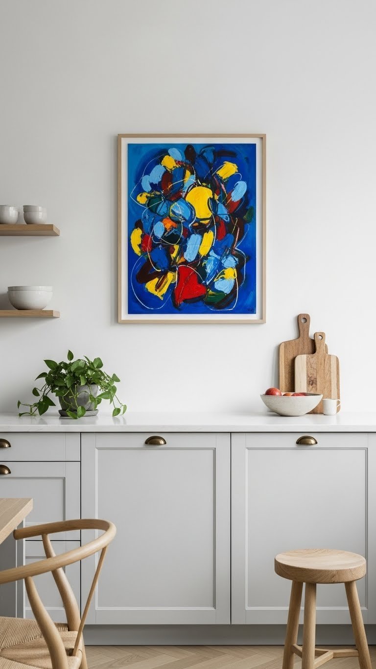 Abstract artwork in minimalist Scandinavian kitchen with vibrant blues, yellows, and reds against white walls.
