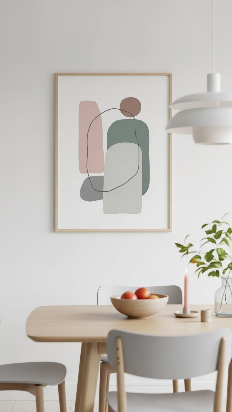 Scandi Kitchen Artwork: 11 Essential Ideas For A Cozy Home 7 Abstract geometric artwork in muted scandi tones framed in thin black frame above minimalist kitchen dining area