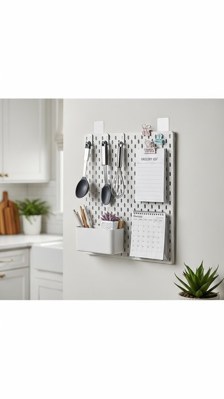 Adhesive pegboard command center with hanging kitchen tools and organizational accessories on wall