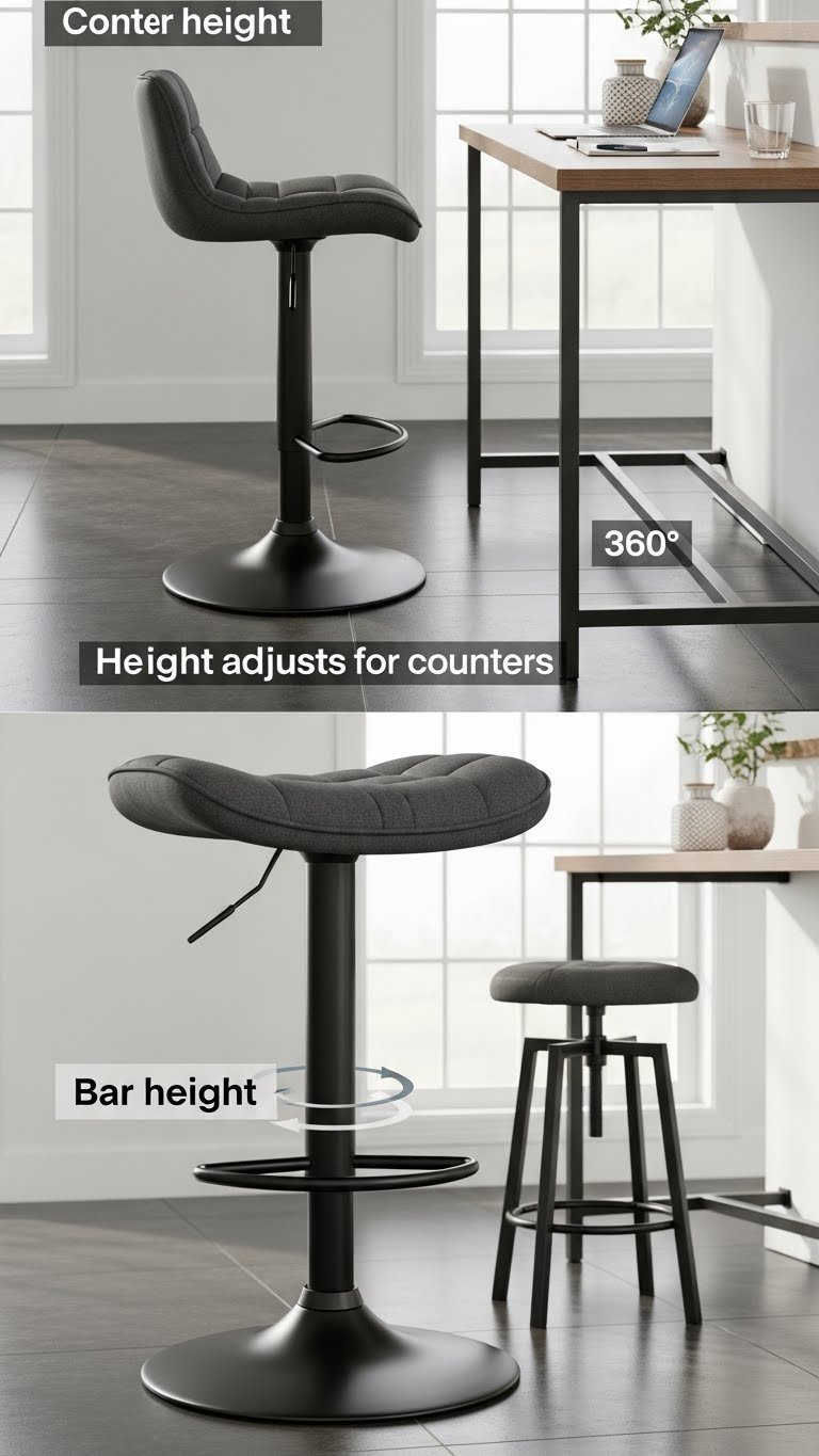 Adjustable dark bar stool shown at counter and bar height, highlighting hydraulic lift mechanism and 360-degree swivel.