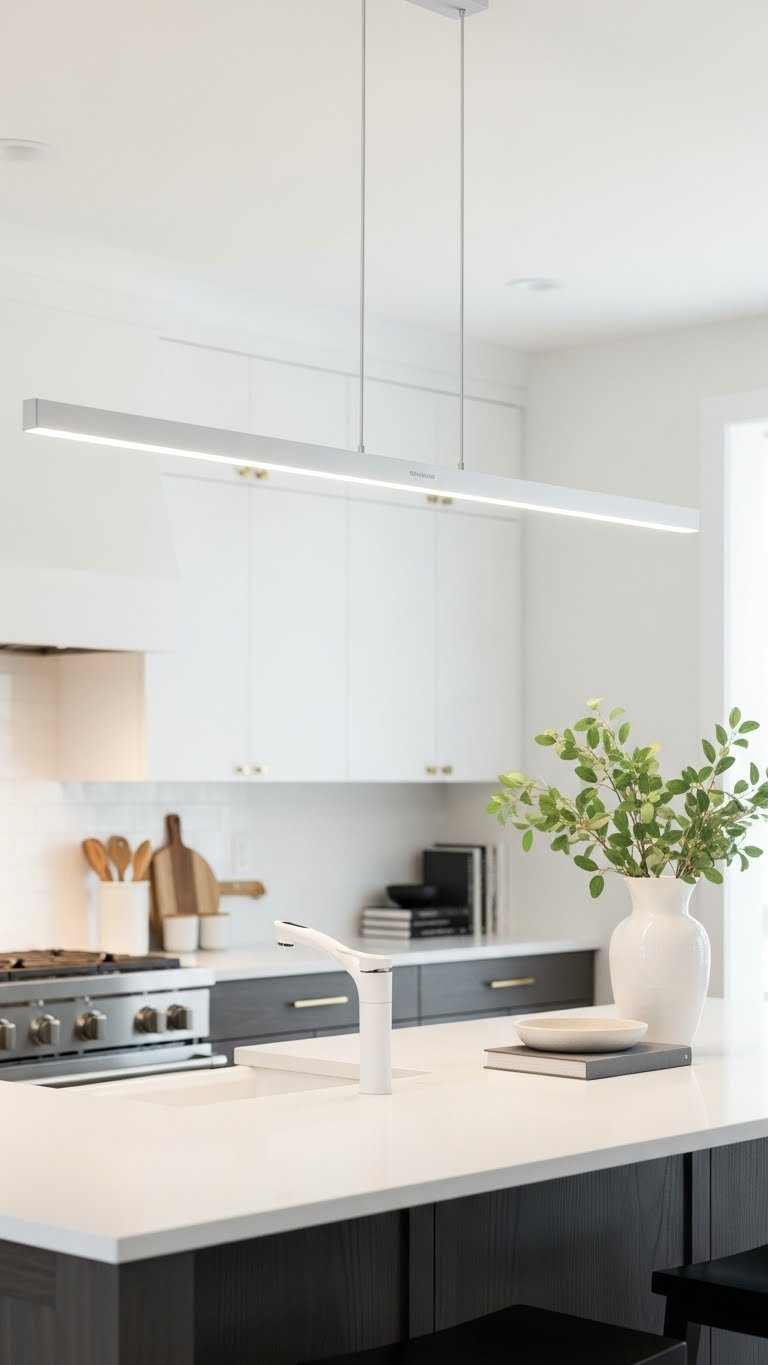 Adjustable height linear pendant light providing task lighting over long kitchen island