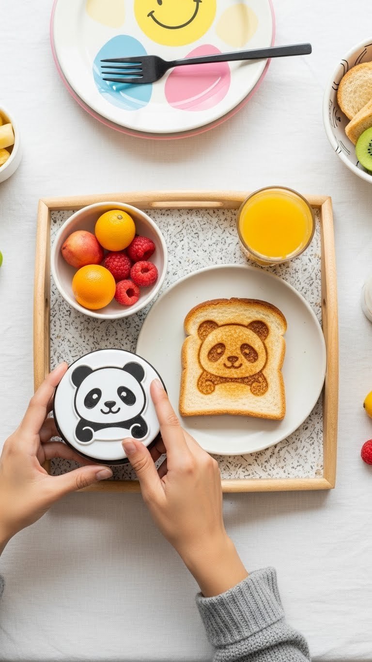 Adorable panda toast stamper creating cute face design on golden-brown bread slice with fruit bowl