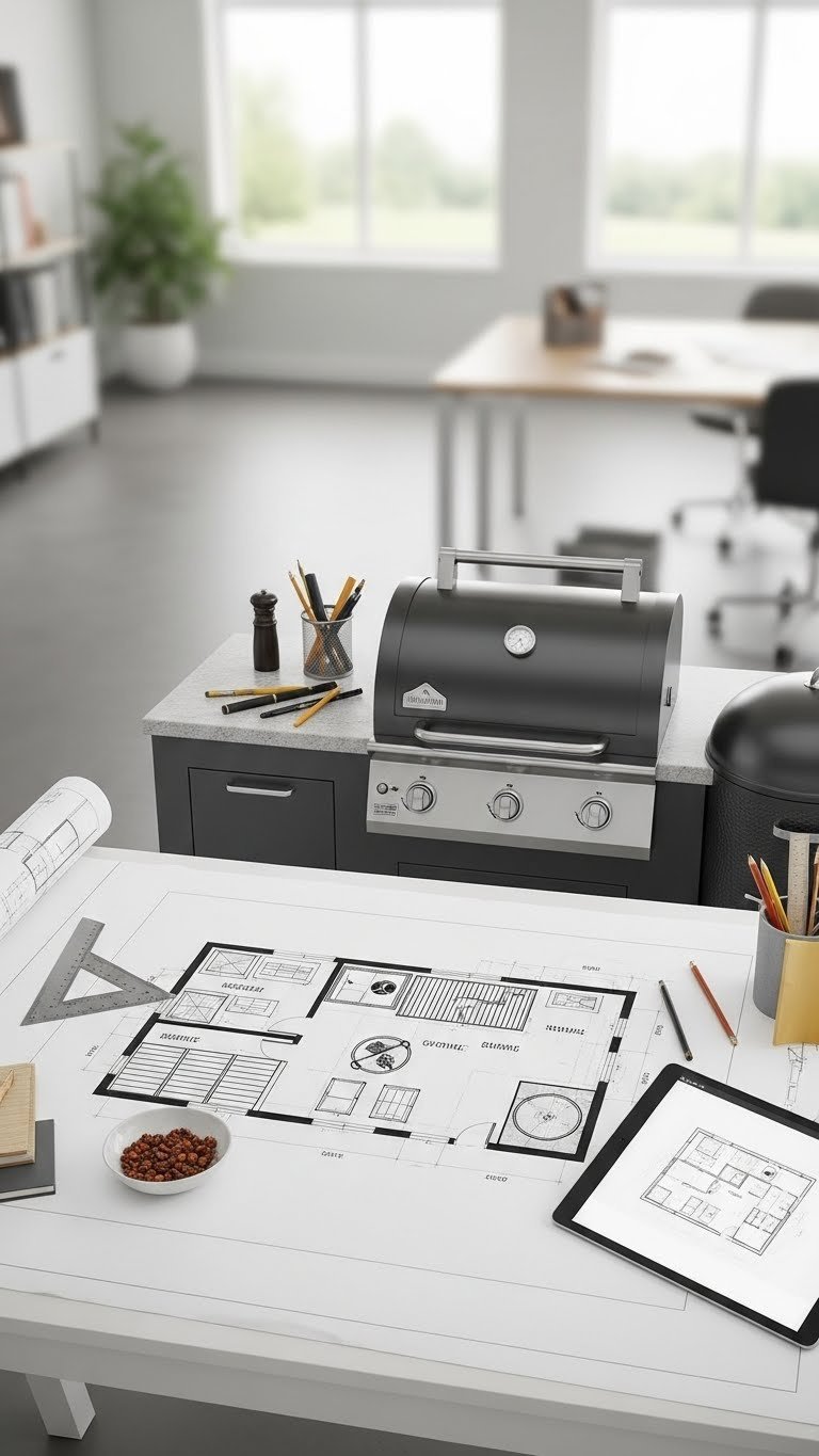 Outdoor Kitchen With Smoker: Ultimate Design &Amp; Build Guide 1 Aerial view of a modern outdoor kitchen blueprint on a light drafting table, showcasing a planned layout with an integrated smoker and distinct zones for cooking and prep.
