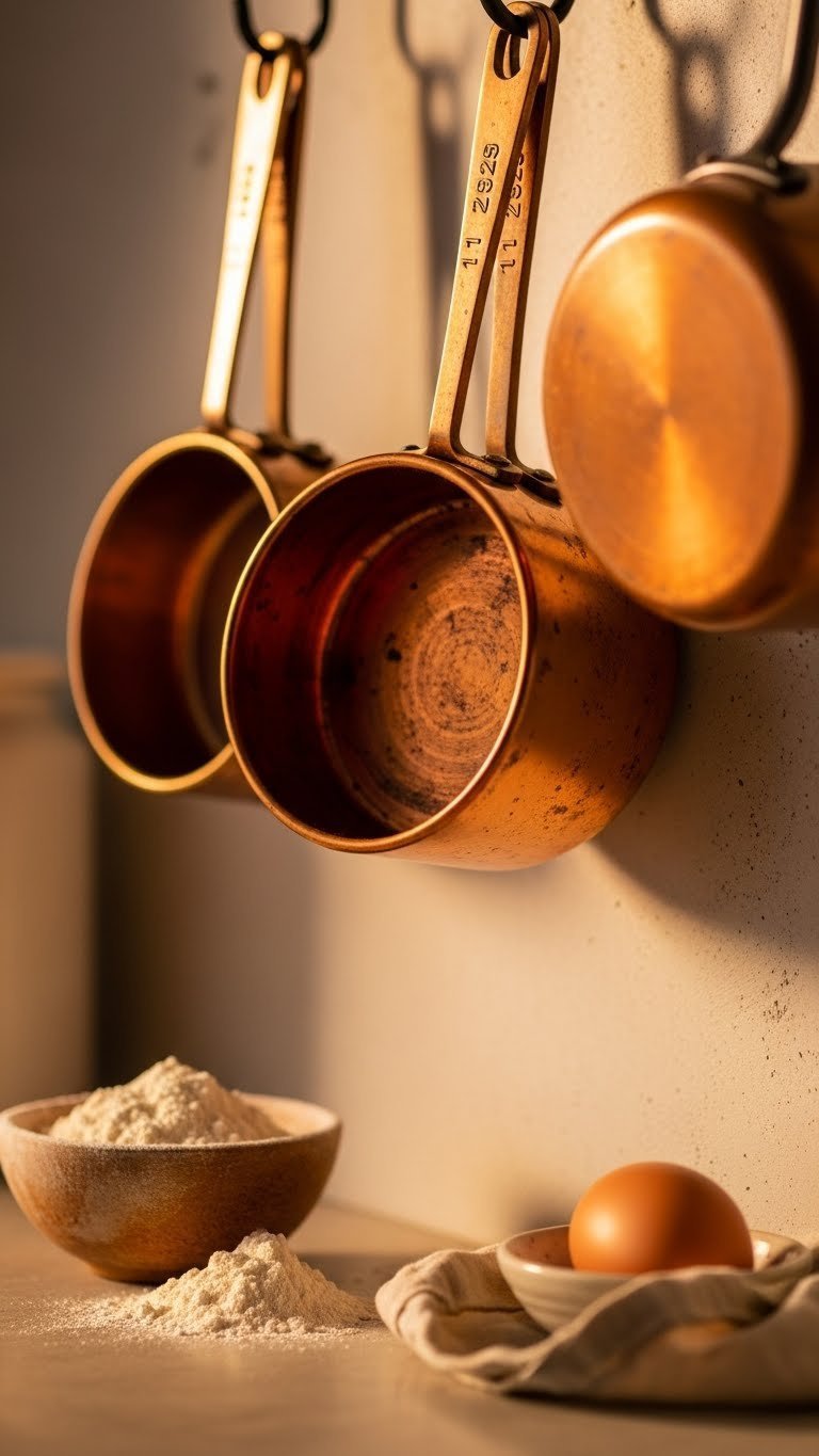 Aged copper measuring cups hanging on wall rack with rich patina against textured background