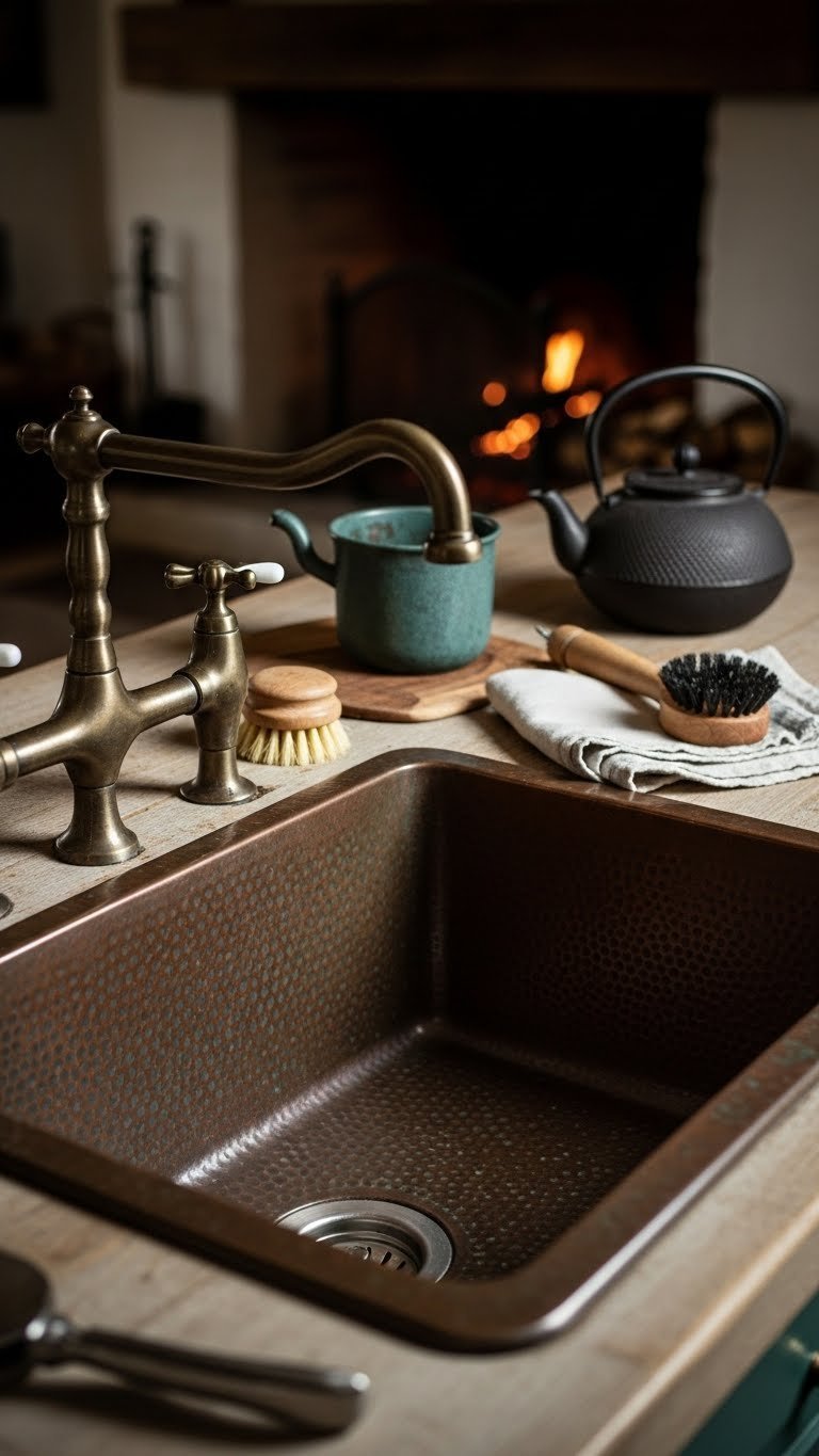 Aged copper sink with natural patina in rustic kitchen featuring worn wooden countertops and cast-iron teapot