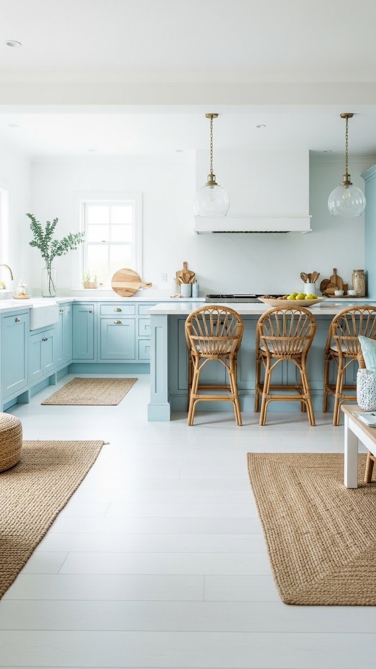 Airy coastal open kitchen & living room. Light blue cabinets, white walls, wood floor, rattan, glass pendants. Serene design.