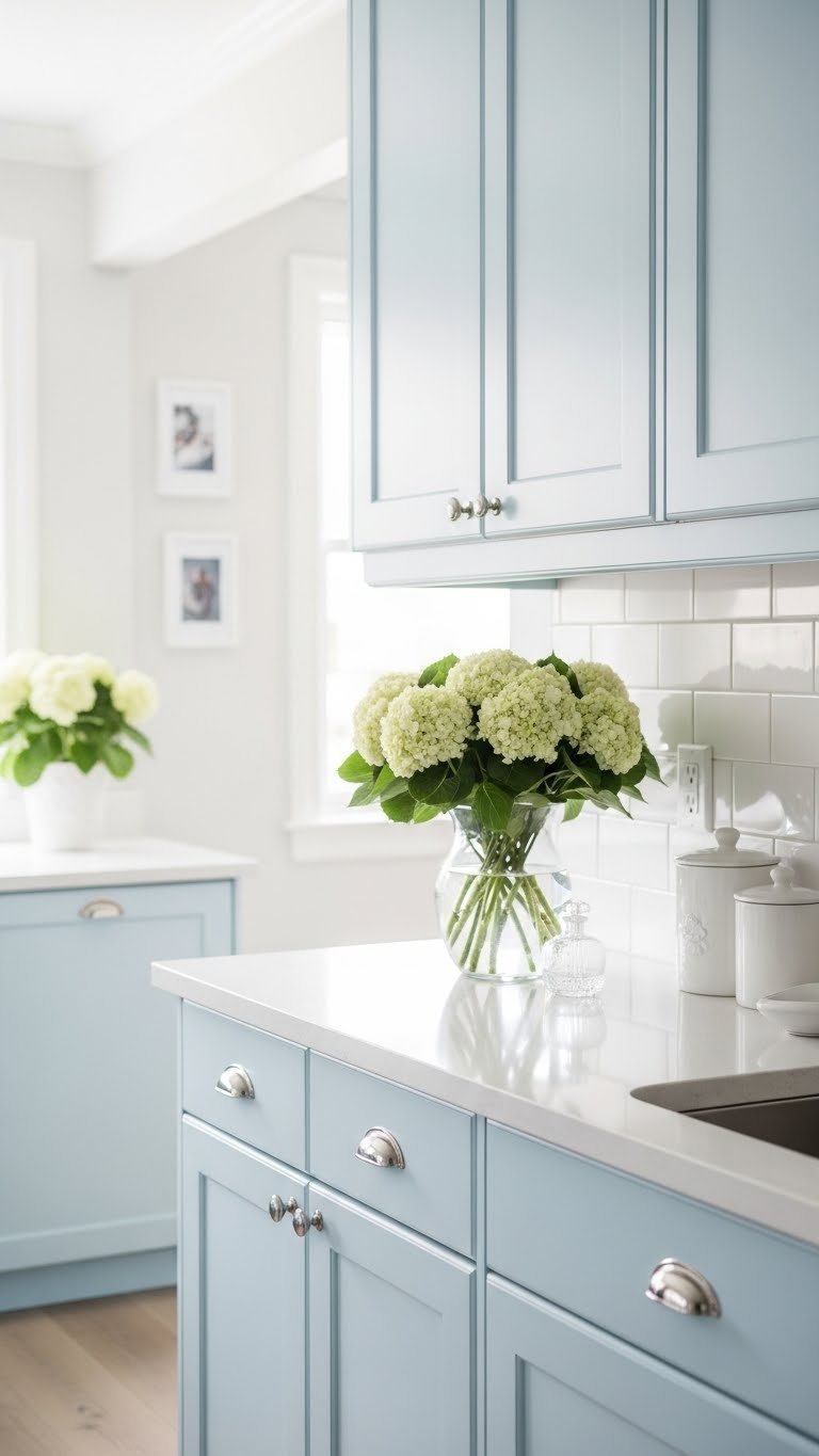 Airy pale blue kitchen cabinets with silver hardware and subway tile backsplash on white quartz with coastal feel.