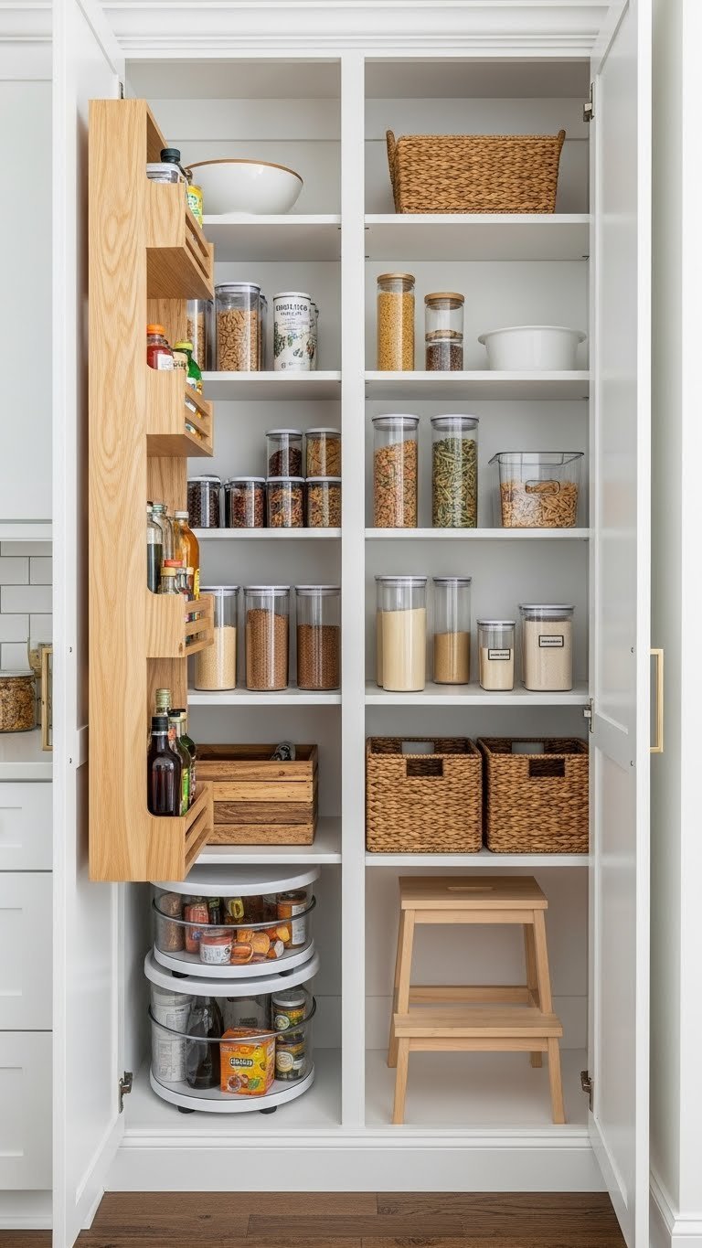 11 Genius Kitchen Pantry Nook Ideas To Maximize Space 11 An expertly organized deep pantry nook features layered pull-out shelves, clear bins, and vertical dividers for efficient space.