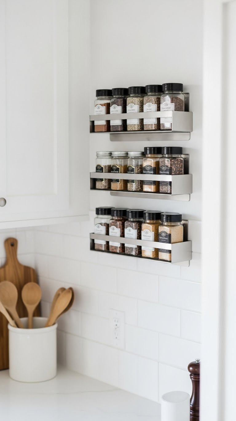 13 Genius Kitchen Pantry Ideas For Small Spaces 13 An organized set of sleek, wall-mounted spice racks on a white tiled pantry wall, featuring uniform jars with elegant labels, illuminated by natural light.
