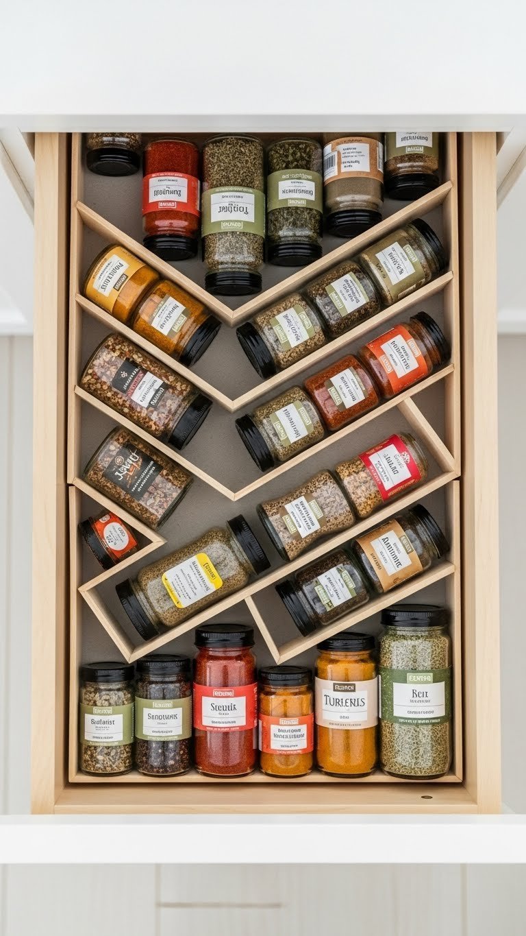 Angled spice rack insert holding dozens of uniform glass jars with colorful spices visible through transparent containers